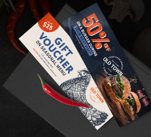 Multi-color bookmarks for restaurant gift voucher and menu specials on restaurant menu