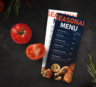 Full color, custom rack card restaurant seasonal menus with tomatoes on chef's table