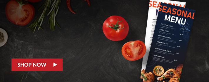 Full color, custom rack card restaurant seasonal menus with tomatoes on chef's table