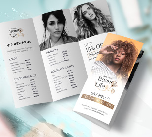 Two spa brochures showcasing salon menu and rewards on colorful background.