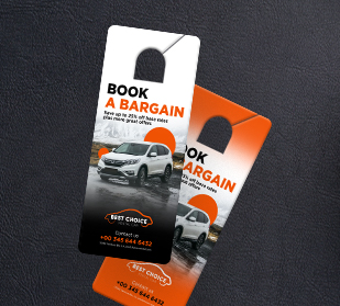 Hang around and get noticed. Design and print door hangers.