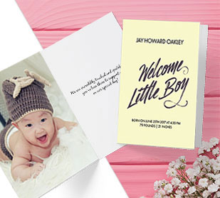 Folded custom baby cards, custom baby photo cards, custom baby cards, custom folded baby greeting cards